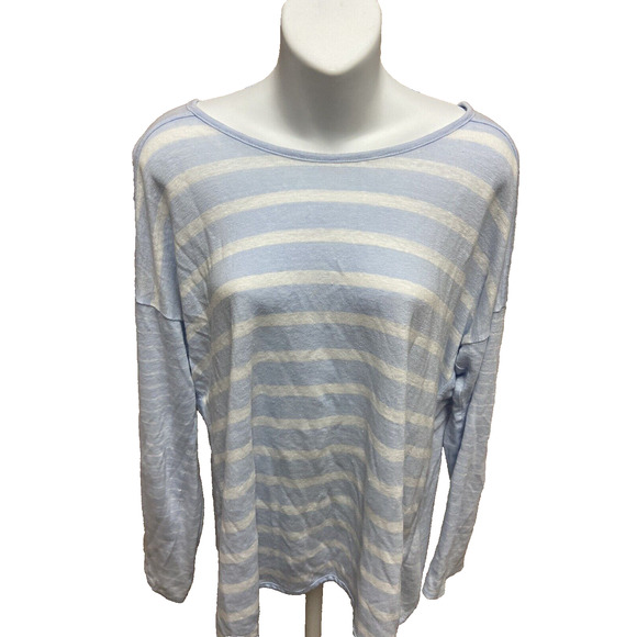 Athleta Tops - Athleta Womens Linen Shirt Size Large Blue Striped Blouse Casual Top Long Sleeve
